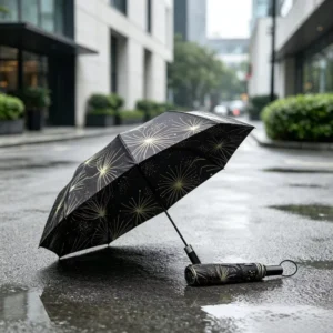 Three-Fold Automatic 190T Polyester Black-Coated Windproof Rain Umbrella with Digital Print Metal Frame for Travel