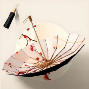 Three-Fold Manual Wooden-Handled Sun Umbrella with UV Protection for Sunny and Rainy Days