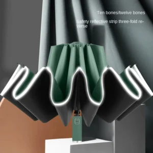Three-Fold Reverse Automatic Folding Business Umbrella with Reflective Strip and Logo Wrapping