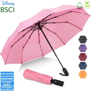 Three-Folding Windproof Umbrella Auto Open Close 10 Ribs Pongee Fabric Travel Umbrella Custom Logo