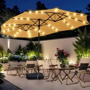 Three-Head Center Pole Patio Umbrella 3000mm Waterproof Polyester Canopy with Iron Pole and Vinyl Shell