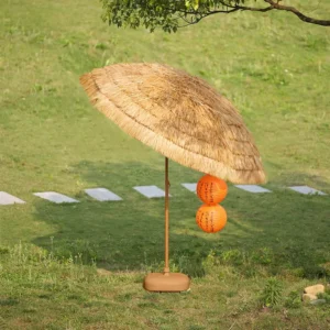 Tiltable Outdoor Simulation Straw Umbrella Foldable Beach & Courtyard Sun Shade Umbrella for Villa Scenic Area