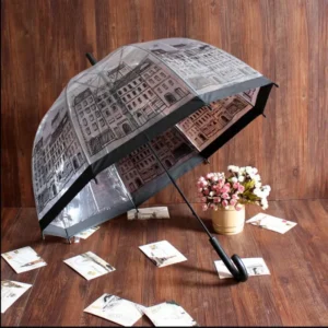 Transparent 190T Birdcage Umbrella Europe Style Straight Handle Semi-Automatic Design Windproof Umbrella