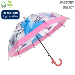 Transparent Cartoon POE Kids’ Umbrella with 8k Ribs Semi-Automatic Long Handle Straight Umbrella for Students