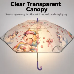 Transparent Children’s Long-Handled Cartoon Umbrella, Alloy Ribs, Plastic Handle, Manual Open