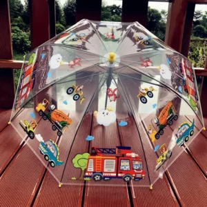 Transparent Children’s Umbrella with Fire Truck Engineering Team Cartoon Design