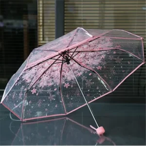 Transparent Clear Cherry Blossom Mushroom Sakura 3 Fold Long Handle Umbrella