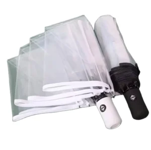 Transparent Folding Umbrella Auto Open Wind Resistant Lace Panel Fiberglass Frame Clear Umbrella