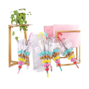Transparent Handle Rainbow Umbrella with Cartoon Clouds, Arched Children’s Umbrella