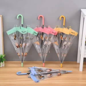 Transparent Printed Puppy Straight-Rod Semi-Automatic Kids Travel Umbrella