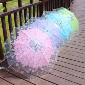 Transparent Rain Umbrella with Flower Print, Long Handle, Clear Umbrella for Women