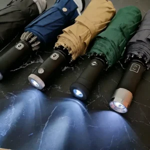 Travel Outdoor Waterproof 190T Pongee Fabric Man Woman Automatic Open LED Handle Custom Logo Three-Folding UV Resistant Umbrella
