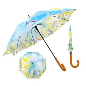 Travel Promo Gift Compact Convenient Portable Windproof Waterproof Wood J Handle Advertising Custom Logo Straight Umbrella