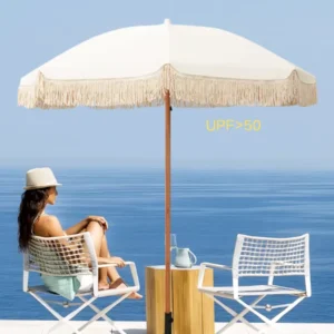 Tropical Beach Umbrella with Fringed Canopy and Tassels for Patio Garden and Terrace