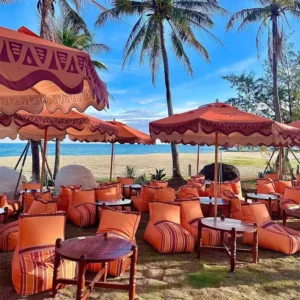 Tropical Bohemian Print 3m Natural Wood Center-Pole Scalloped Beach Patio Umbrella