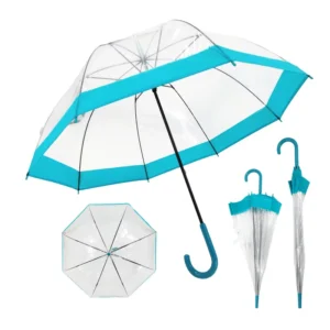 Turquoise Border Transparent Apollo Umbrella, Manual Deep Dome with Matching Handle
