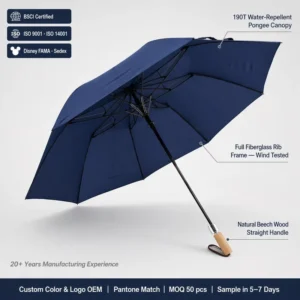 Two-Folding Compact Umbrella, Deep Mediterranean Blue, Wood Handle, Italian Riviera Style