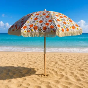 UPF50+ Tassel Beach Umbrella Waterproof Windproof UV Protection Tilt Aluminum Pole High-Density Fabric