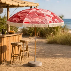 UPF50+ Tassel Beach Umbrella Waterproof Windproof UV Protection Tilt Wood Pole High-Density Fabric Pool Sand Shade