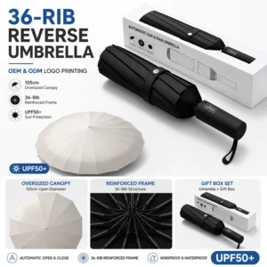 UPF50+ UV-Protected Reinforced Windproof Level 5 Waterproof Automatic Reverse Folding Umbrella for Men and Women