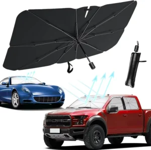 UPF50+ UV Resistant 3-Folding Black Steel Car Windshield Sunshade Umbrella