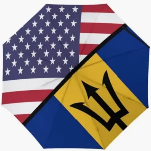 USA Barbados National Flag Print Folding Umbrella, Rainproof, Sunproof, Fully Automatic