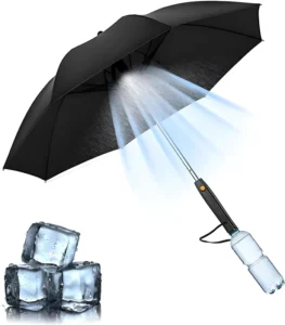 USB Rechargeable Sun Umbrella with Built-In Fan Mister Spray Heat Protection and Cooling