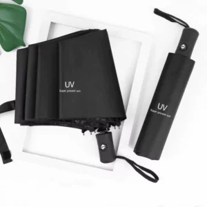 UV 21 Inch Plastic Vinyl Custom Logo Iron Shaft Windproof Travel Full Automatic Folding Umbrella
