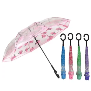 UV Clear Inverted POE Straight Umbrella Floral Design Manual Open Transparent Reverse Black Fiberglass 106cm 8k