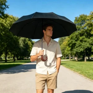 UV Protection 10-Rib Strong Windproof Black 3-Fold Umbrella with Wooden Handle