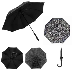 UV Protective Umbrella 8 Ribs Black Iridescent Print Manual Long Umbrella with Holograpic Fancy Reflective Print