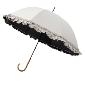 UV Sun Umbrella with Large Lace Trimmed Black Coating Bamboo Hook Handle Straight Shaft for Weddings and Rainy Days