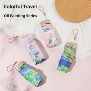 Ultra Light Oil Painting Six Fold Titanium Alloy Sun Proof UPF>50 Compact Capsule Style All Weather Umbrella