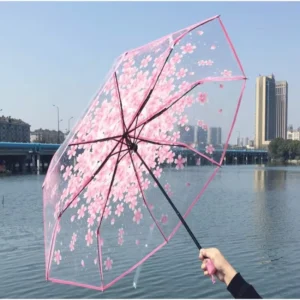 Umbrella Cherry Blossom Transparent Korean Creative Little Fresh Three Folding Carton Polyester Auto Open Multi colors