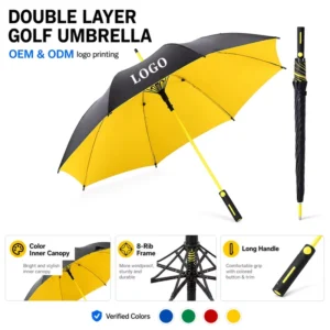 Umbrella Manufacturer Windproof Double-Layer Automatic Fiber Golf Umbrellas, Black and Yellow, with Logo