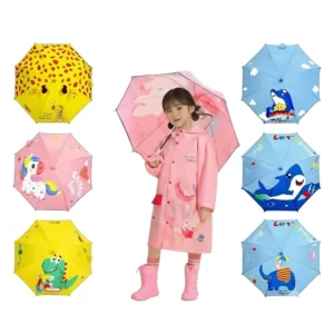 Unisex Kids Waterproof Children Rain Umbrella with name card Cartoon Print Matching Raincoat Set Custom Welcome