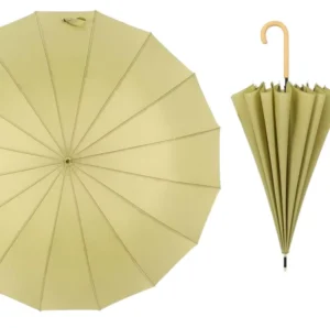 Vintage 16-Rib Straight Sun and Rain Umbrella with Wooden Handle, Minimalist Long Umbrella