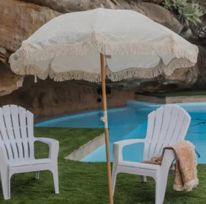 Vintage Beach Umbrella with Tassels and Fringed Wood Pole, Canvas Cover