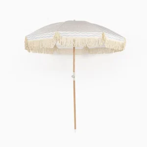 Vintage Boho Beach Parasol With Tassels for Outdoor Furniture, Wood Pole