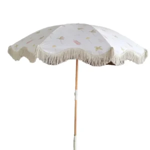 Vintage Boho Beach Umbrellas Outdoor Sun Parasols with Tassels and Fringed Wood Pole Canvas Cover