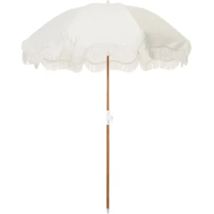 Vintage Boho Outdoor Wooden Shaft 8ft Sun Parasol with Fringe and Tassels, Windproof and Portable