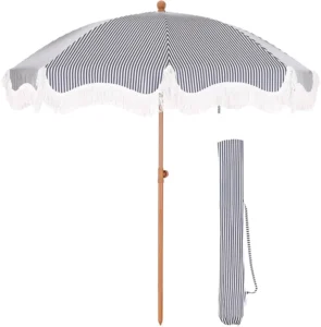 Vintage Boho Wooden Pole Canvas Fringed Outdoor Sun Parasol Beach Umbrella With Tassels