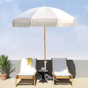 Vintage Canvas Parasol with Fringe Tassels and Recycled Wood, Manual Garden Beach Umbrella for Parties