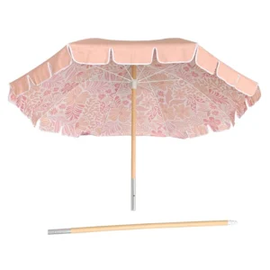 Vintage Custom Pink UPF50+ Portable Wooden Scalloped Garden Beach Umbrella With Tassels For Yard Hotel