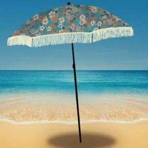 Vintage Floral Pattern Colorful Denim Beach Umbrella with Carry Case and Sand Anchor for Windy Outdoor Use