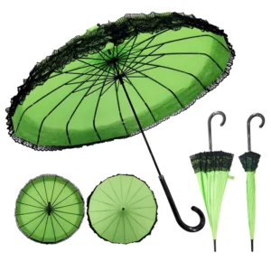 Vintage Flower Design 16 Ribs Durable Straight Umbrella Rain Manual Lace Piping Curved Plastic Handle Travel and Gift Use