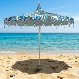 Vintage Pagoda Beach Umbrella, Aluminum Outdoor Poolside Resort Patio Market Umbrella with Fringe