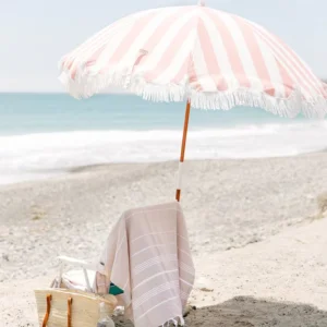Vintage Pink Crew Stripe Picnic Umbrella, Waterproof, Tilt, UV Protection, Fringe