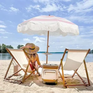 Vintage Pink Stripe Beach Umbrella with Tassels, Recyclable, All Sizes, Manufacturer Supply