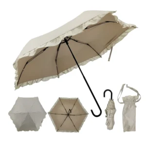 Vintage Ruffled 4-Fold Umbrella, UV Protection Coating, Lace J-Hook Handle, Lightweight Compact, 19″, 6K